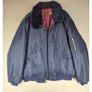 Vintage Timber King Bomber Jacket Mens Navy Blue Faux Fur Collar Quilted MA-1